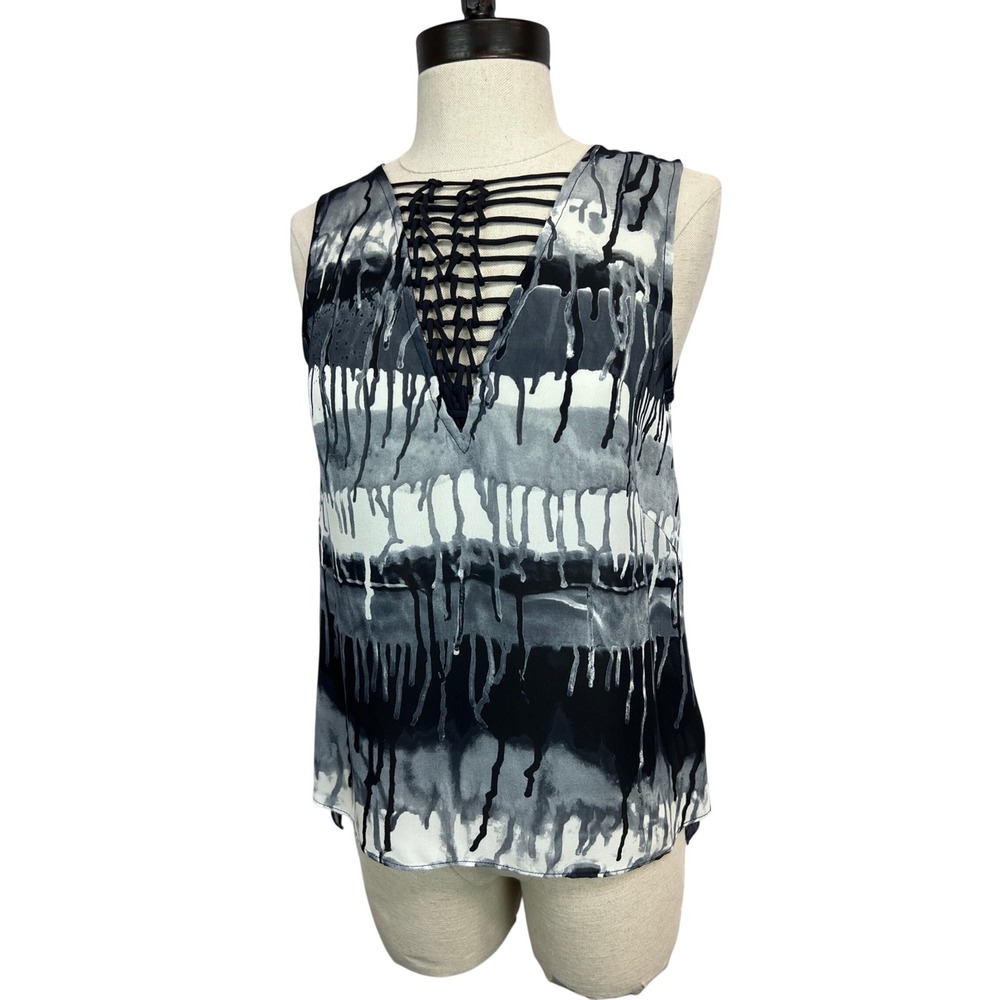 Artelier Nicole Miller Silk Blouse Womens P Black Gray Excellent Cage Neck Drip